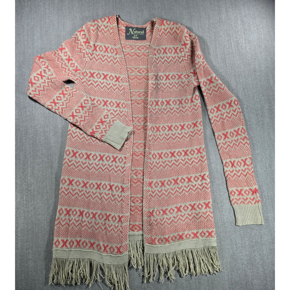Natural‎ Reflections Cardigan Women Small Red Beige Fair Isle Fringe Longline S
